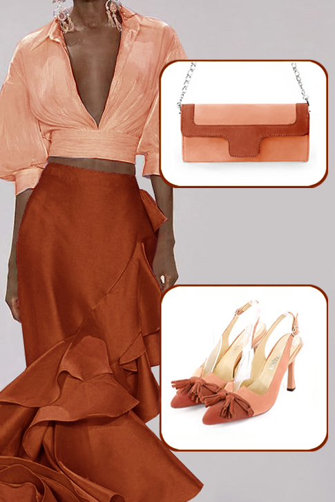 Women's terracotta orange and peach elegant slingback heels, with a bow on the front. Tapered toe. High spool heels - Worn view